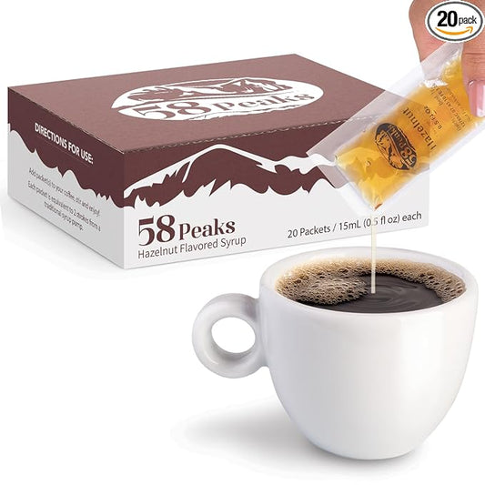 58Peaks Hazelnut Flavored Syrup Sweetener Packets for Hot and Cold Drinks | To-Go Syrup Flavoring Perfect for Coffee, Tea, Milkshake and More | Flavored Coffee Syrups for Travel | 15mL | 20-Pack