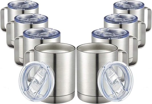 MEWAY 12oz Coffee Mug With Handle 8 Pack Bulk,Stainless Steel Insulated Travel Tumblers With Sliding Lid,Double Wall Vacuum Camping Cup for Hot & Cold Drinks Tea (Sliver,Set of 8)