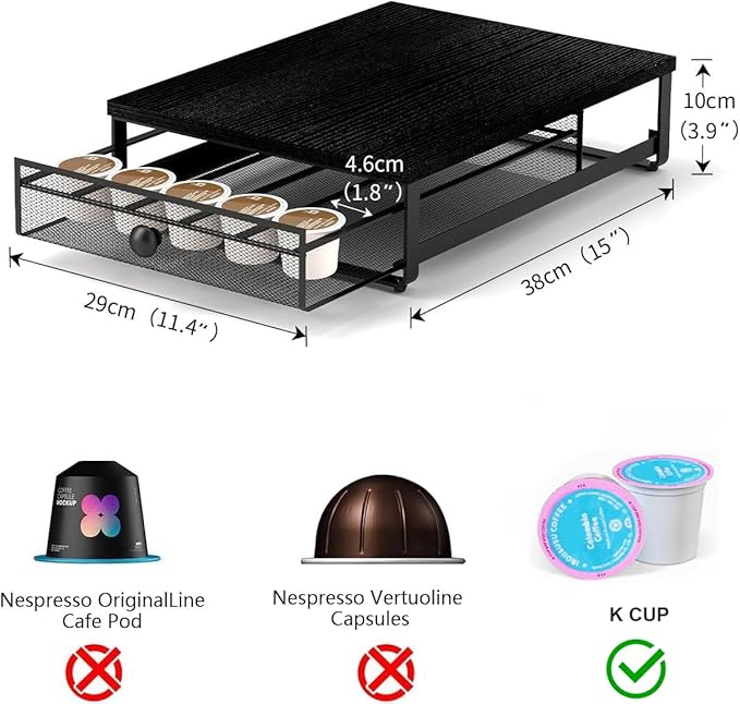 Coffee Pod Holder Counter Coffee Vertuo Capsules Storage Organizer with Sliding Drawer Compatible For 35 K-Cup Pods No Assembly Needed Black