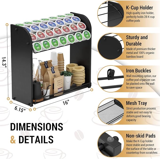 K Cup Pod Holder for Countertop – Pod Organizer & Coffee Bar Accessory for Home or Office, Easy to Assemble (Black)