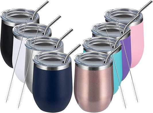 MEWAY 12oz Wine Tumbler Mix Color 8 Pack Bulk Gifts for Women, Vacuum Stainless Steel Travel Mug with Lid,Insulated Stemless Wine Cup Glass for Coffee,Cocktails,Drinks(Mix,Set of 8)