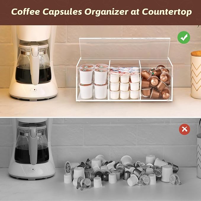 BEYGORM Acrylic Coffee Pod Holder with Lid for 24 Kcup, Clear Coffee Capsule Storage Organizer,3 Compartments Coffee Bar Station Organizer Compatible with Coffee Pod, Coffee Creamer