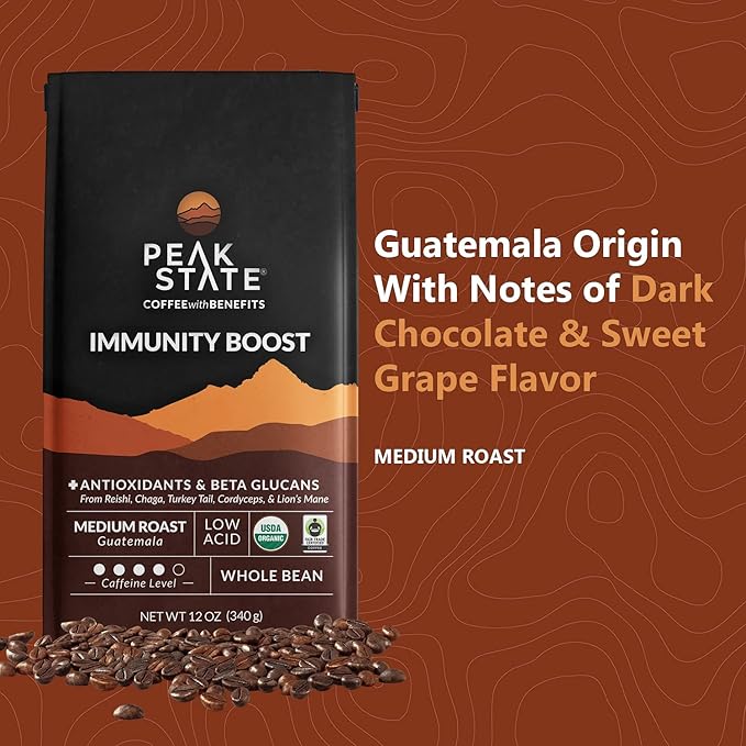Peak State Coffee with Functional Mushrooms, Low Acid, Whole Bean (FOCUS, BOOST IMMUNITY, & DESTRESS) (Immunity Boost)