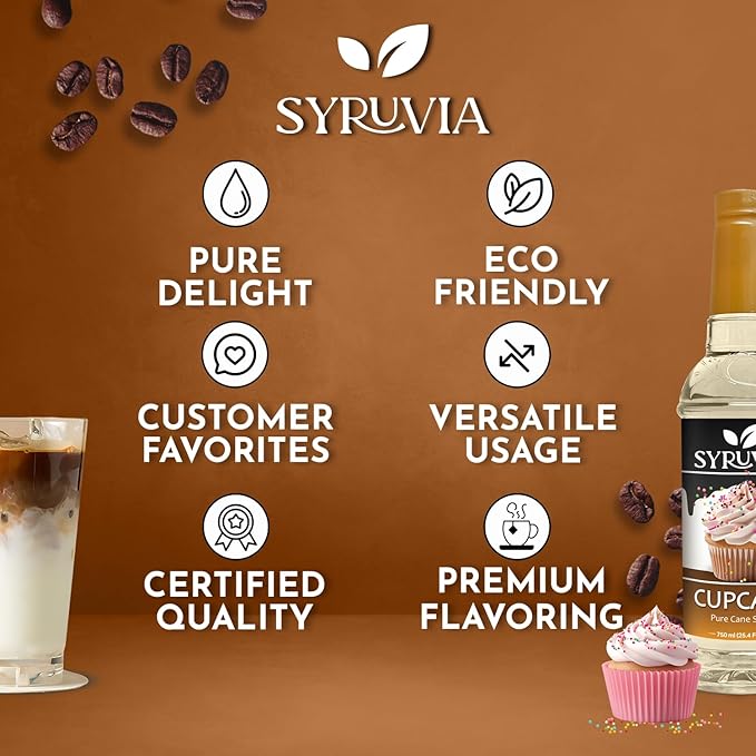 Syruvia Cupcake Coffee Syrup - 25.4 fl oz - Kosher Syrups, Gluten Free, No Coloring, Perfect for Drinks, Soda, Shakes, Desserts, and More With Pump