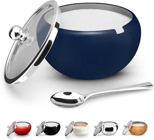 KooK Sugar Bowl, Sugar Bowl with Lid and Spoon, Sugar Container with Lid, for Salt, Coffee, Holds 2 Cups, Dishwasher Safe, Matte Navy, 16 Oz