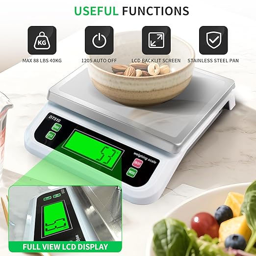 Large Digital Kitchen Scale 40kg/88lbs Commercial Food Scale with Tare and PCS Funtion for Parts and Coins LCD Display Stainless Steel Baking Scale for Cooking, Adapter Included (White, 40kg)
