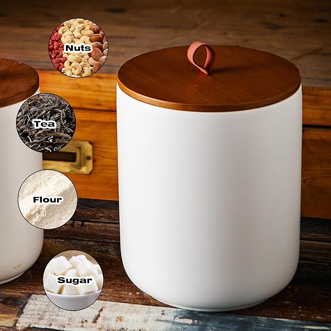 JOJUNO White Ceramic Food Storage Canister Set (30 oz, 48 oz, 82 oz) with Bamboo Lids, 3-Piece Airtight Jars for Flour, Sugar, Coffee, Tea, Oats, Spice – Kitchen Storage Containers with Lids