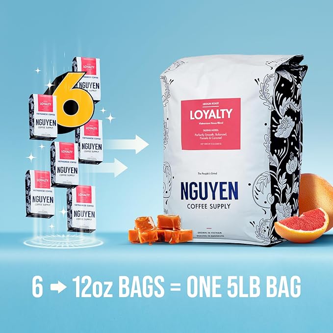 Nguyen Coffee Supply - Loyalty Signature Robusta & Arabica Blend: Medium Roast Premium Whole Coffee Beans, Vietnamese Single Origin, Low Acid, High Caffeine, Roasted in Brooklyn [5 Ib Bag]