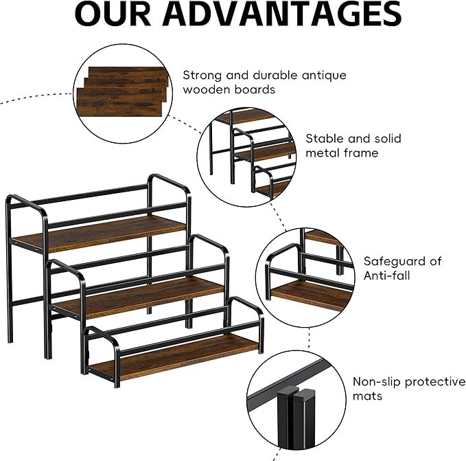 Coffee Syrup Rack Organizer, Wine Racks, Spice Racks, 3-Tier (Magnetic Connection) 12 Bottles Storage Shelves for Syrup Bottle Holder Stand for Coffee Bar, Kitchen Countertop, Rustic Brown & Black