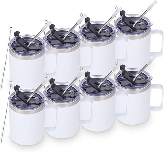 Volhoply 12oz Insulated Leakproof Coffee Mug with Flip & Straw Lid Bulk 8 Pack,Not Suitable for Sublimation,Double Wall Vacuum Stainless Steel Travel Tumbler Cup with Handle(White,8 Set)