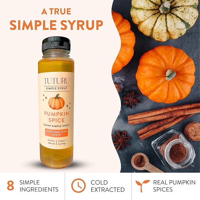 Pumpkin Spice Agave Simple Syrup for Coffee, Cocktails, Matcha - Sweetened with Agave Nectar - Infused with Real Pumpkin Spices - 13.5 oz