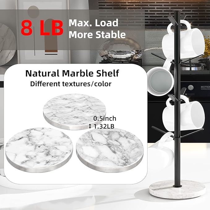 Marble Mug Holder Tree, 8 Hooks Coffee Cups Stand, New Upgraded Stable Mug Stand for Kitchen Counter Cabinet Cafe Black