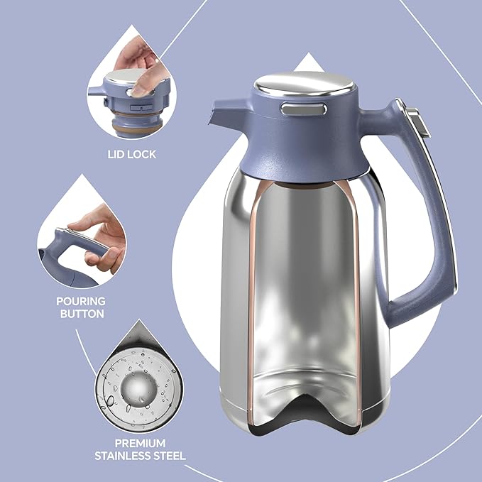 IDEUS Thermal Coffee Carafe 68oz (2,000ml), Stainless Steel Double Wall Insulated Vacuum Flask, Water Jug Coffee Server and Beverage Dispenser, Heat and Cold Retention (Ocean Blue, 68oz (2,000ml))