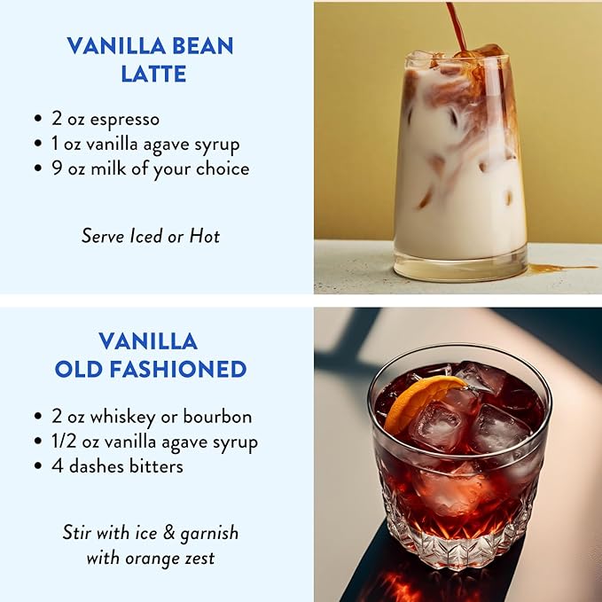 Vanilla Bean Agave Simple Syrup for Coffee & Cocktails - Sweetened with Organic Agave Nectar - Infused with Real Vanilla Bean - 13.5 oz