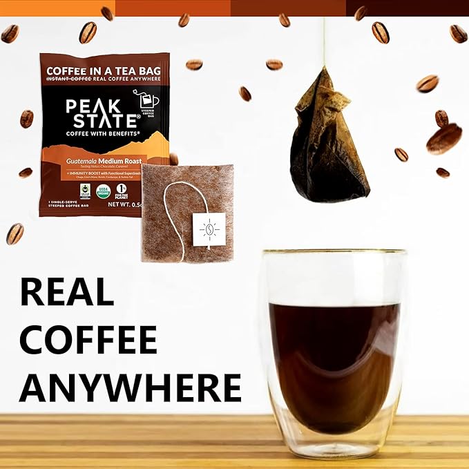 Peak State Immunity Boost Mushroom Coffee with Benefits, Medium Roast – Low Acid and Smooth, Dark Chocolate and Sweet Grape Notes, Organic Whole Bean, Gluten Free, 10 Single Serve Tea Bags