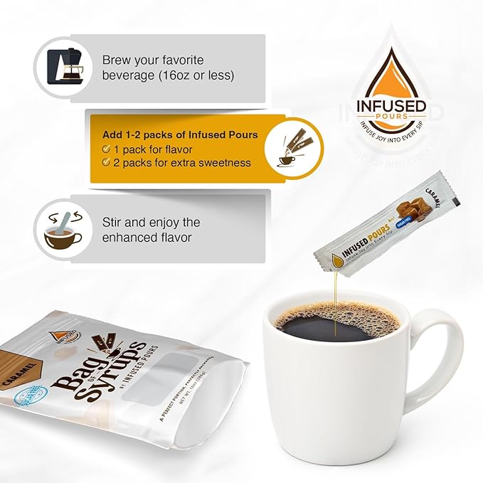 Single Serving Sugar Free Caramel Syrup Packets for Coffee and Cocktails - 6mL Each, 30 Count - Bag of Syrups by Infused Pours (6mL, Sugar Free Caramel)