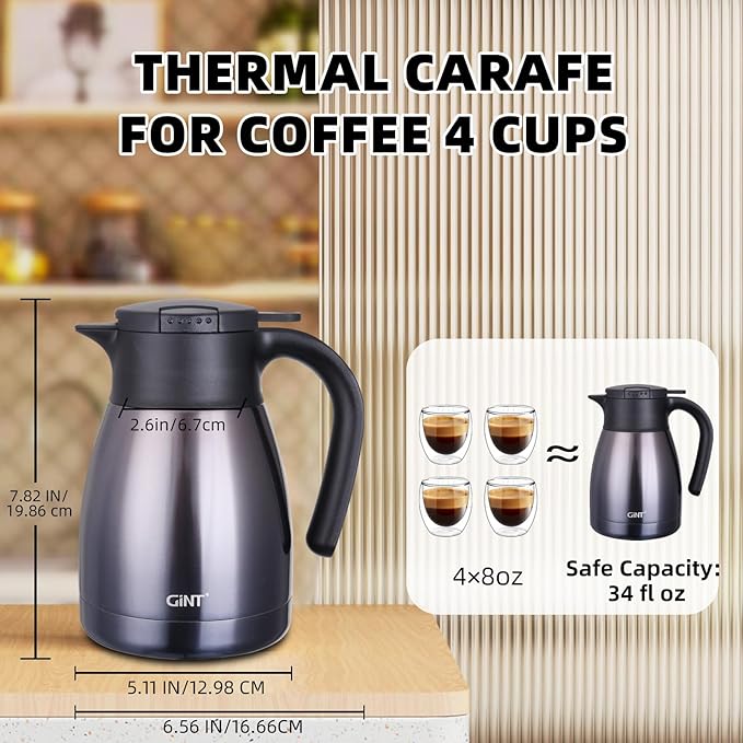 GiNT 1L / 34Oz Thermal Coffee Carafe, Insulated Stainless Steel Coffee Carafes for Keeping Hot/Double Walled Vacuum Thermal Carafe (Purple)