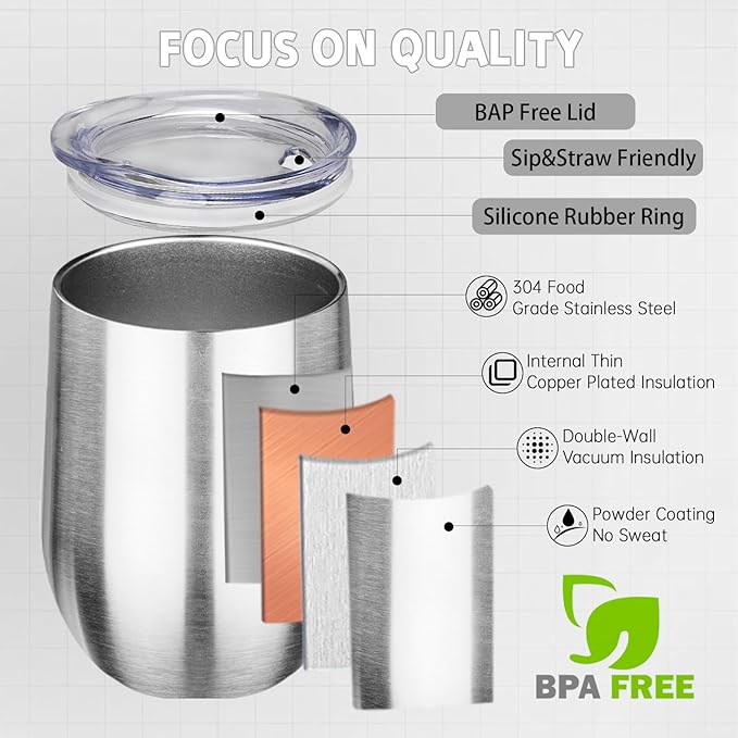 12oz/4 Pack Stainless Steel Wine Tumbler with Lid and Straw, Double Wall Vacuum Insulated Wine Tumbler Glasses, Stemless Travel Mugs for Hot and Cold Drinks, Coffee, Wine, Cocktails