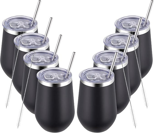 MEWAY 12oz Insulated Wine Tumbler with Press-In Lid, Double Wall Vacuum Stainless Steel Travel Tumbler with Straw,Travel Cup for Coffee and Drinks, Gift for Woman Under 10 dollars(Black,Set of 8)