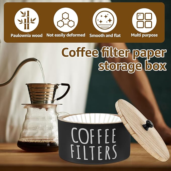 Coffee Filter Holder, Wooden Large Capacity Rustic Coffee Filter Storage Case Dispenser with Bamboo Lid, Round Organizer Basket Container Storage for Pod and Filter, Coffee Bar Accessories