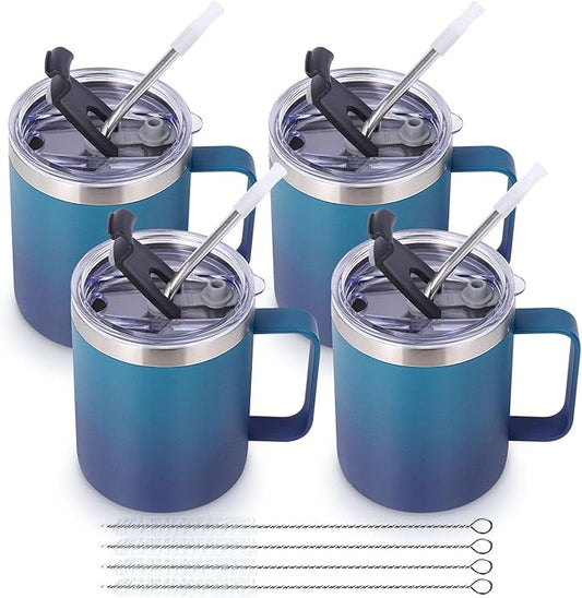 Volhoply 12oz Insulated Leakproof Coffee Mug with Flip & Straw Lid Bulk 4 Pack,Double Wall Vacuum Stainless Steel Travel Tumbler Cup with Handle,Camping Mugs Keep Cold/Hot(Dark Night,4 Set)