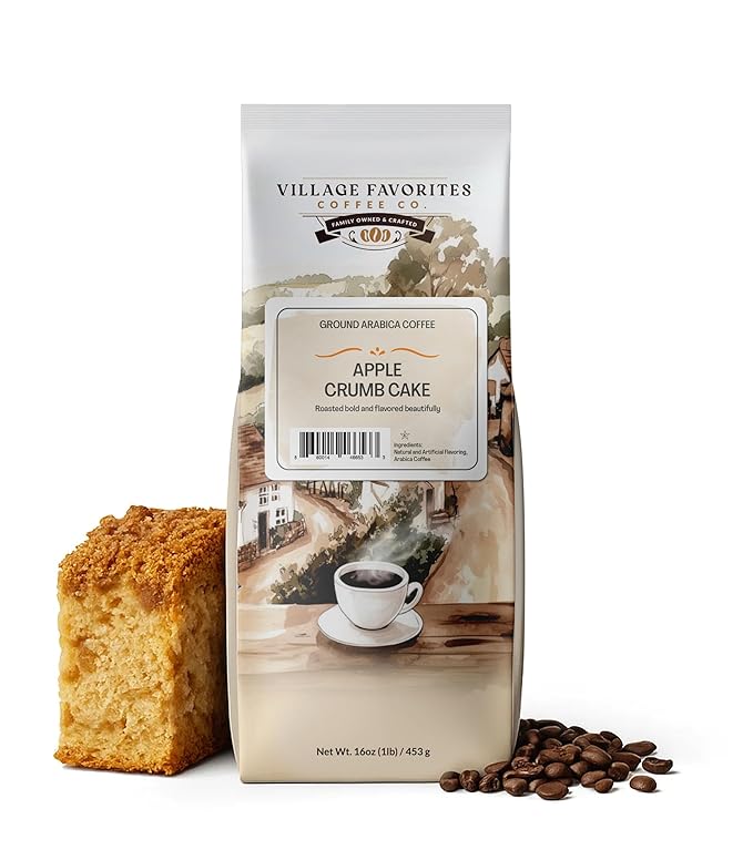 Village Favorites Flavored Coffee – Low Acid, Mold-Free, 100% Arabica, Slow Roasted Medium Roast, Smooth & Stomach Friendly, Ground, 1LB Bag (16oz)- Kosher (16oz, Apple Crumb Cake)