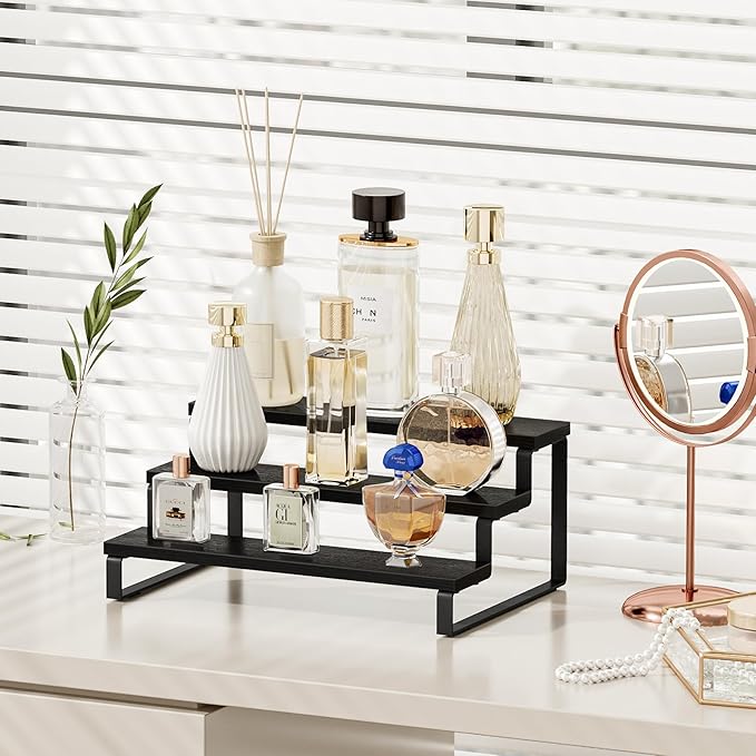 Giikin 3 Tier Display Stand Riser, Wooden Display Stand Perfume Organizer Stand Cupcake Stand Holder, Tiered Display Stand Risers Display Shelf for Home and Shop, Black