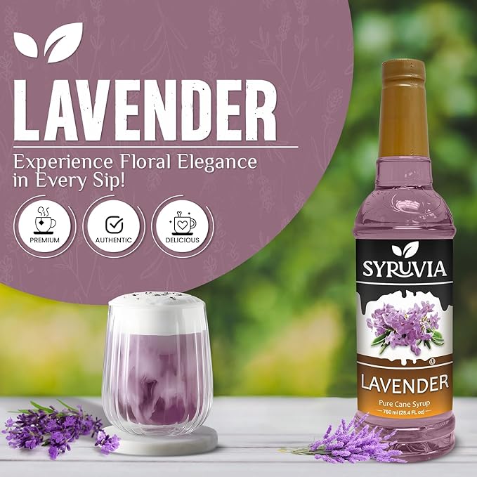 Syruvia Coffee Syrup, Lavender Flavored Syrup for Drinks, Lattes, and Desserts – 25.4 fl oz, With Pump