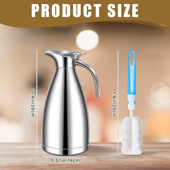 Uiifan 2 Pcs 68 oz Thermal Coffee Carafe Insulated Stainless Steel Coffee Carafe for Hot Liquids Vacuum Thermal Pot Creamer Dispenser with Brushes Keeping Hot Tea Milk Water(Black, Silver)