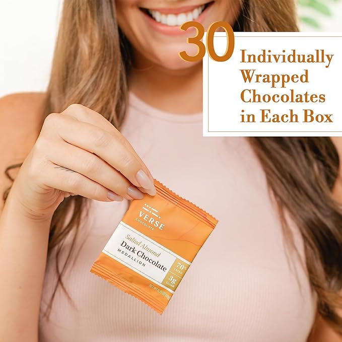 Verse 70% Dark Chocolate with Almonds - Only 3g Cane Sugar - Creamy Dark Cocoa Squares - Individually Wrapped Chocolates (30 Count)