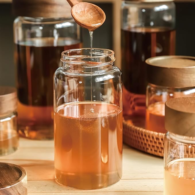 3 Pack 50 oz/1500 ml Clear Glass Storage Canister with Airtight Wooden Screw On Lid, Large Tall Decorative Glass Container Jar Set for Coffee, Nut, Tea, Candy, Cookie, Cereal, Sugar, Flour