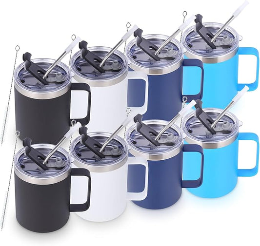 Volhoply 12oz Insulated Leakproof Coffee Mug with Flip & Straw Lid Bulk 8 Pack,Double Wall Vacuum Stainless Steel Travel Tumbler Cup with Handle,Reusable Camping Mugs Keep Cold/Hot(Assorted,8 Set)