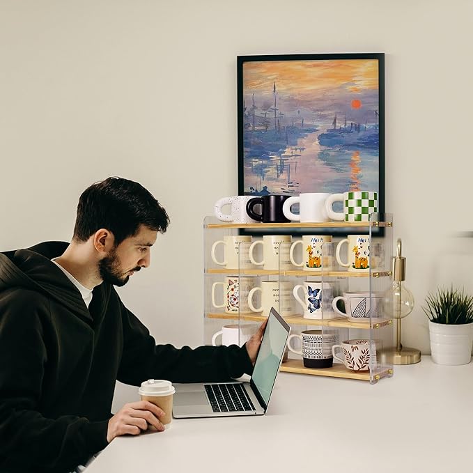 Coffee Mug Holder Wooden Cup Station Organizer 4-Tier Cup Holder for Coffee Bar Mug Display Rack for Countertop Mug Holder Shelf for Home Kitchen Pine Wood