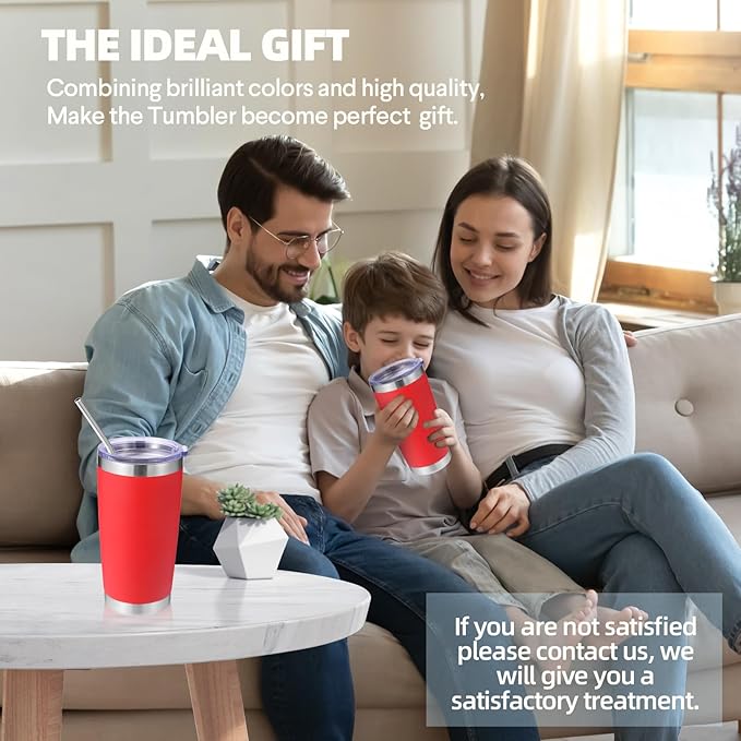 Volhoply 20oz Stainless Steel Tumbler with Lid and Straw Bulk 8 Pack,Double Wall Insulated Travel Iced Coffee Mug Fits Cup holder,Powder Coated Cups for Hot/Cold Drinks,Christmas Gifts（Red,8 Set）