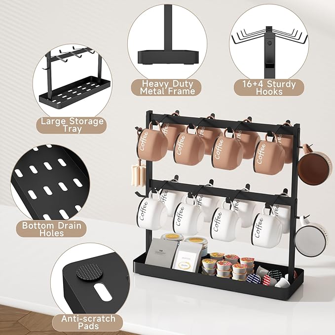 Coffee Mug Holder for Countertop 20 Hooks Mug Tree Rack 2 Tier Counter Cups Mugs Display Stand with Heavy Duty Metal Storage Base for K Cup Kitchen Tea Coffee Bar