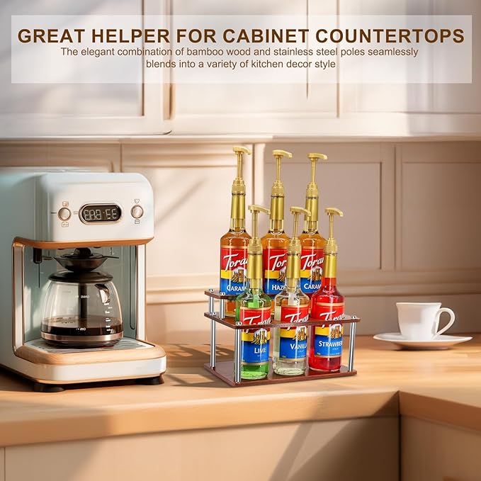 Coffee Syrup Organizer Rack,2-Tier Coffee Syrup Stand Holder for Coffee Station Countertop,6 Bottles Storage Display Shelves for Wine, Dressing Cocktail in Coffee Bar