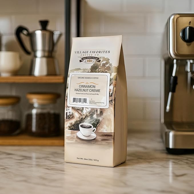 Village Favorites Flavored Coffee – Low Acid, Mold-Free, 100% Arabica, Slow Roasted Medium Roast, Smooth & Stomach Friendly, Ground, 1LB Bag (16oz)- Kosher (16oz, Cinnamon Hazelnut Crème)