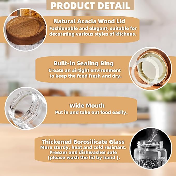 17 Fl oz/500 ml Glass Food Storage Jar, Premium Clear Glass Container Jar with Airtight Wooden Screw Lid, Kitchen Canisters for Coffee,Tea,Pasta,Cookies, Nuts,Spice,Candy,Overnight Oatmeal（Small)