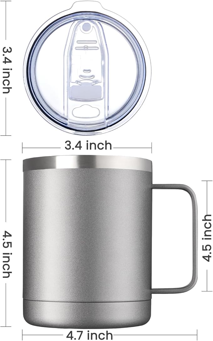 MEWAY 12oz Coffee Mug With Handle and Sliding Lid,Stainless Steel Travel Tumbler Cup with Handle,Double Wall Vacuum Insulated Camping Cup for Hot & Cold Drinks Tea (Cold Grey,Set of 1