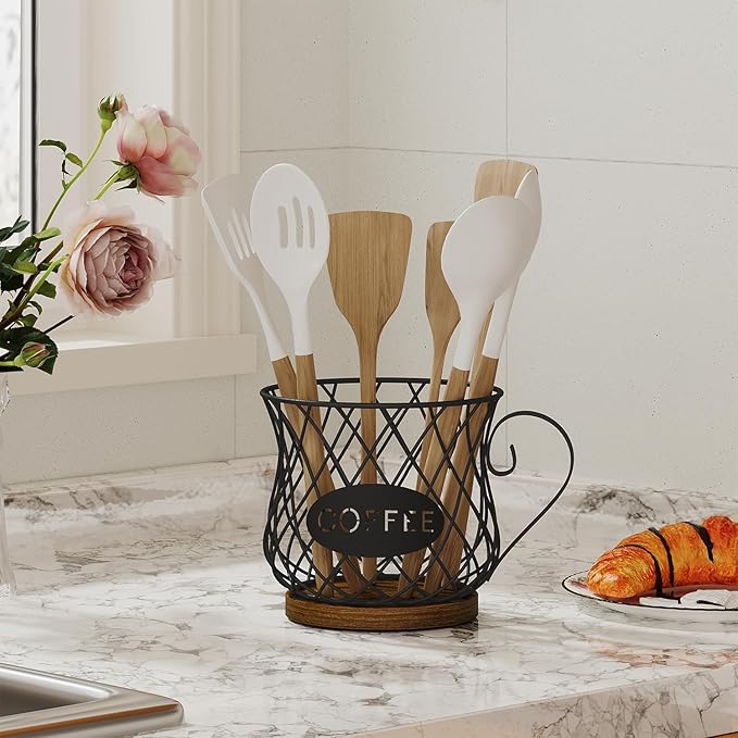 YINMIT K Cup Holder Organizer, Rustic Coffee Pod Holder Organizer, 35 Kcup Holder for Counter with Handle，Large Capacity Black Wire Coffee Capsule Basket for Kitchen Office Desktop (Circular Grid)