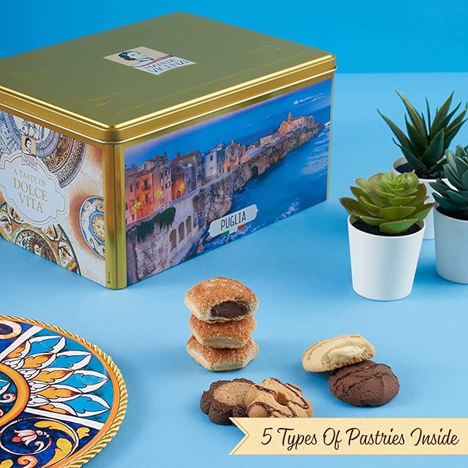 Pasticceria Matilde Vicenzi Puglia Cookie Gift Tin - Assorted Variety Of Bite Size Cream Filled Pastries & Gourmet Italian Shortbread Cookies In Individually Wrapped Trays - Baked Fresh In Italy, 720g