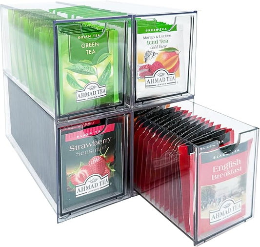 4-Pack Tea Bag Drawers Organizer - 4 Clear Plastic Drawer Tea Bag Holder; Stackable & Portable; Wider Size; Well-Organized Storage for Tea Bags & Kitchen Essentials