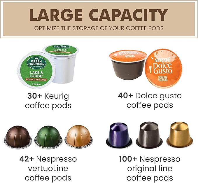 Coffee Pod Holder -Black Wire K Cup Storage with Wooden Base - Large Capacity Slim Design - Modern Coffee Basket Decor for Kitchen Countertop for Keurig Kcups & Espresso Capsules