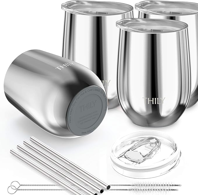 THILY Vacuum Insulated Stemless Wine Tumbler 4 Pack Stainless Steel Wine Glass with Lid and Straw, Keep Cold or Hot for Coffee, Cocktails, Christmas Birthday Gift, Mirror Silver