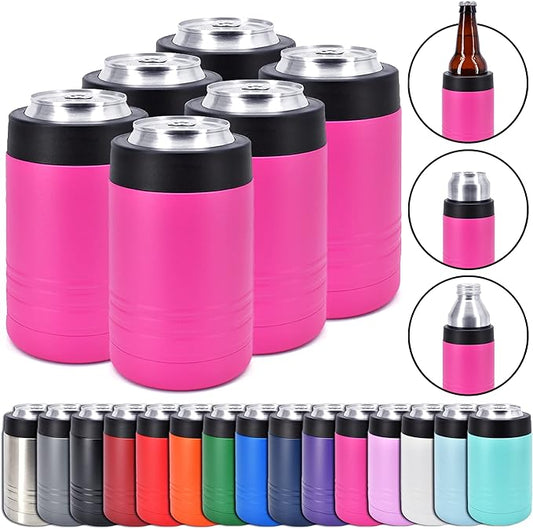 Clear Water Home Goods - 12 oz Stainless Steel Double Wall Vacuum Insulated Can or Bottle Beverage Cooler - Powder Coated Pink - 6 Pack