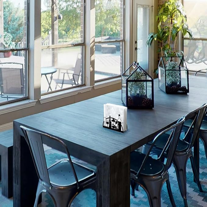 Grape Wine and Glass Decorative Black Metal Napkin Holder for Table, 4.9" x 4.9" x 1.9" Standing Napkin Holder for Home Kitchen Restaurant Picnic Party Coffee Bar Dining Room