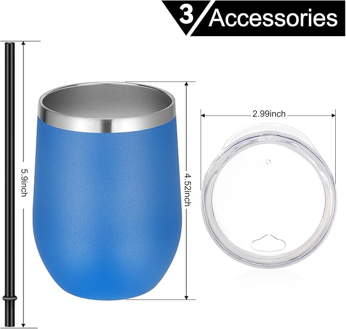 VEGOND Wine Tumblers Bulk 12 Pack, 12oz Stainless Steel Stemless Wine Glass with Lids and Straws, Double Wall Vacuum Insulated Tumbler Cup, Coffee Mug for Cold Hot Drinks