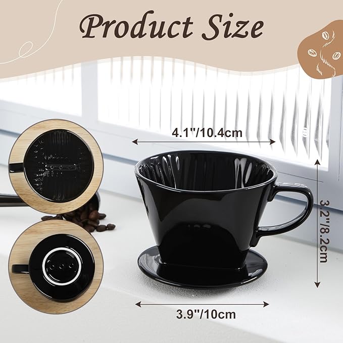 Pour Over Coffee Dripper, Ceramic Pour Over Coffee Maker with 3 Holes Flat Bottom, Easy Manual Slow Brewing, Porcelain Slow Filter Cone for Home, Office, Gift, Size 2, Black