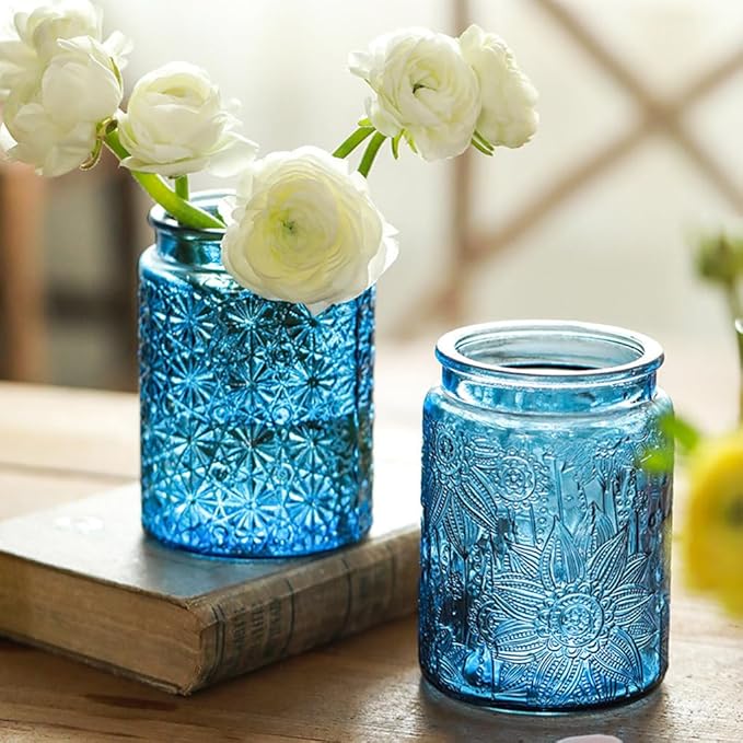 Set of 2 Vintage Blue Glass Storage Jars, 23.7 oz Mason Jars with Lids for Kitchen Pantry, Candy, Flour, Coffee, Pet Food, Decorative Kitchen & Home Decor (Blue, 2 Pack)
