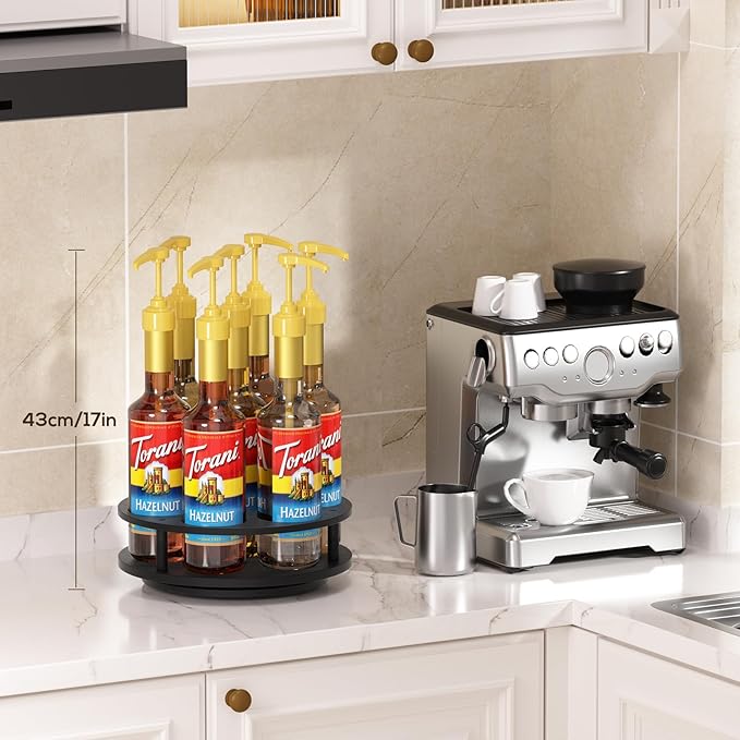 THYGIFTREE Rotating Coffee Syrup Organizer 7 Bottles Syrup Rack for Countertop Wood Syrup Bottle Holder Stand for Coffee Bar Station, Turntable Wine Display Tray, Black